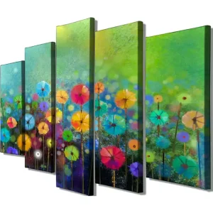 Sänkt pris Stor Canvastavla i 5 delar 105x70 cm - Färgglad blomsteräng med parasollformade blommor Grön / Rosa / Blå - Inredning