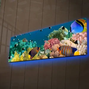 Canvastavla med LED-belysning 30x90 cm - Färgglad undervattensscen med tropiska fiskar och koraller Blå / Gul / Rosa - Inredning Snabb leverans