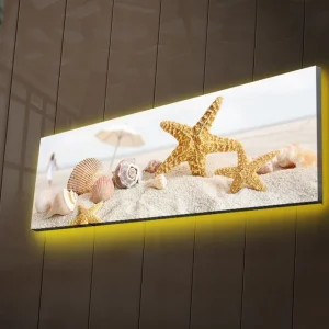 Snabb frakt Canvastavla med LED-belysning 30x90 cm - Stjärnformade snäckor på sandstrand Guld / Beige / Rosa - Inredning