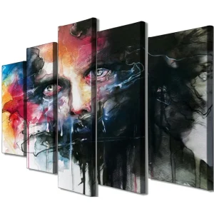 Stor Canvastavla i 5 delar 105x70 cm - Intensivt porträtt med dramatiska färger och uttrycksfulla drag Svart / Röd / Blå - Inredning Outlet