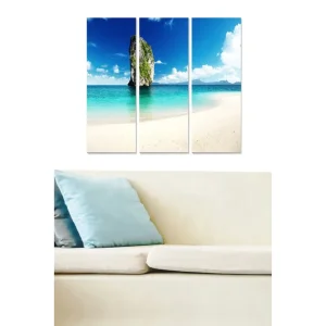 Canvastavla i trä 3-delar 50x70 cm - Vacker strand med klippformation och klarblå himmel - Inredning & dekor Snabb leverans