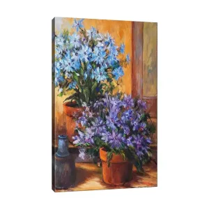 Canvastavla 70x100 cm - Färgglad komposition av blå och lila blommor i krukor - Inredning & dekor Snabb leverans