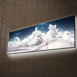 Erbjudandepris Canvastavla med LED-belysning 30x90 cm - Drömlik landskap med en ensam figur som bär ett paraply i en snöig miljö under en stjärnklar himmel Blå / Vit / Rosa - Inredning