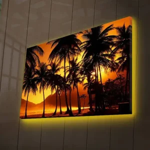 Rabatt Canvastavla med LED-belysning 45x70 cm - Tropisk solnedgång med palmer i silhuett Orange / Svart - Inredning