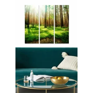 Canvastavla i trä 3-delar 50x70 cm - Lummig skog med höga träd och solstrålar som filtreras genom grenarna - Inredning & dekor Outlet