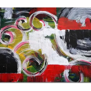 Canvastavla 70x100 cm - Abstrakt komposition med svarta cirklar och spiralformer i kontrasterande färger - Inredning & dekor Erbjudandepris