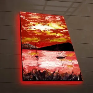 Reapris Canvastavla med LED-belysning 70x45 cm - Färgrik solnedgång över en sjö med segelbåtar Röd / Orange / Svart - Inredning