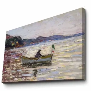 Canvastavla 70x100 cm - Båt med två personer som fiskar på en glittrande sjö under en ljus himmel - Inredning & dekor Utförsäljning