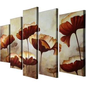 Stor Canvastavla i 5 delar 105x70 cm - Färgrik bukett av blommor i varma toner Röd / Beige / Brun - Inredning Handla nu