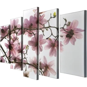 Stor Canvastavla i 5 delar 105x70 cm - Rosa magnoliablommor på grenar Rosa / Grön / Brun - Inredning Reapris