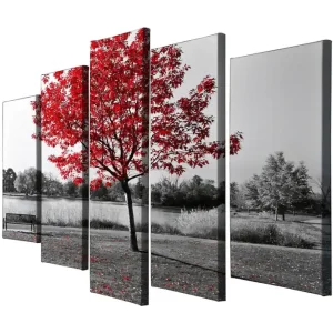 Snabb frakt Stor Canvastavla i 5 delar 105x70 cm - Röd lönn i en svartvit landskapsmiljö Röd / Svart / Grå - Inredning