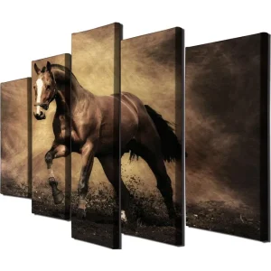 Erbjudande Stor Canvastavla i 5 delar 105x70 cm - Stolt häst i rörelse Mörkbrun / Beige / Svart - Inredning