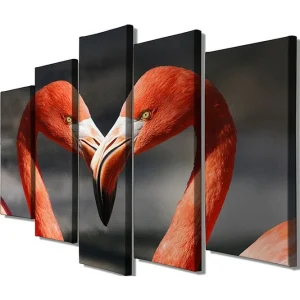 Endast idag Stor Canvastavla i 5 delar 105x70 cm - Två flamingos som formar ett hjärta med sina näbbar Röd / Svart - Inredning
