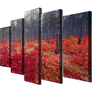 Stor Canvastavla i 5 delar 105x70 cm - Vacker skog med höstfärger och röda löv Röd / Grön / Brun - Inredning Begränsat antal