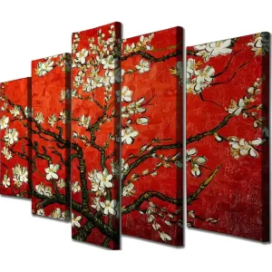 Stor Canvastavla i 5 delar 105x70 cm - Blommande kvist med vita blommor på en röd bakgrund Röd / Vit / Grön - Inredning Snabb frakt