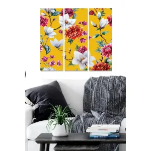 Canvastavla i trä 3-delar 50x70 cm - Färgrik bukett av blommor på gul bakgrund - Inredning & dekor Snabb frakt