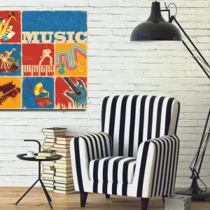 Canvastavla 45x45 cm - Färgglad musikaliskt inspirerad komposition med instrument och noter - Inredning & dekor Köp nu