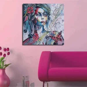 Canvastavla 45x45 cm - Porträtt av en kvinna med färgglada detaljer och fjärilar - Inredning & dekor Trygg betalning