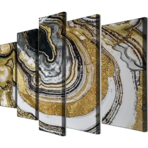 Stor Canvastavla i 5 delar 105x70 cm - Abstrakt komposition med guld- och svartmarmorerade mönster Guld / Svart / Vit - Inredning Reapris