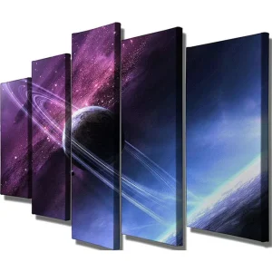 Kampanjpris Stor Canvastavla i 5 delar 105x70 cm - Rymdlandskap med en planet och ringar i en stjärnspäckad himmel Lila / Blå / Svart - Inredning