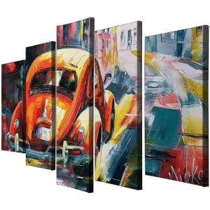 Trygg betalning Stor Canvastavla i 5 delar 105x70 cm - Färgglad Volkswagen-bubbla i en livlig stadsmiljö Orange / Blå / Röd - Inredning