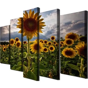 Stor Canvastavla i 5 delar 105x70 cm - Soliga solrosor i en blomstrande fält Gul / Grön / Brun - Inredning Beställ idag