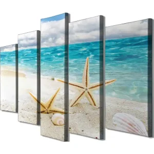 Extra rabatt Stor Canvastavla i 5 delar 105x70 cm - Stjärnformade snäckor på en sandstrand vid havet Blå / Beige / Vit - Inredning