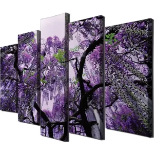 Utförsäljning Stor Canvastavla i 5 delar 105x70 cm - Lila blomsterhäng av wisteria Lila / Grön / Svart - Inredning