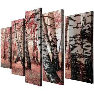 Lägg i varukorgen Stor Canvastavla i 5 delar 105x70 cm - Vacker skog med björkar i höstfärger Rosa / Svart / Vit - Inredning