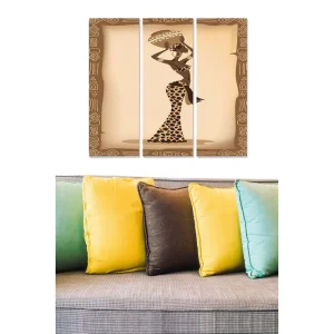 Utförsäljning Canvastavla i trä 3-delar 50x70 cm - Stiliserad kvinna med traditionell klädsel och huvudbonad - Inredning & dekor