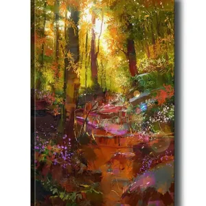 Canvastavla 70x100 cm - Färgglad skogsscen med en slingrande stig och blommor som blomstrar i ljuset - Inredning & dekor Begränsat antal