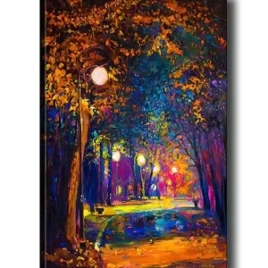 risnedsättning Canvastavla 70x100 cm - Färgstark park med gatulampor som lyser upp en promenadväg omgiven av träd i höstfärger - Inredning & dekor