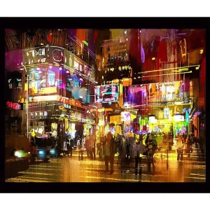 Billig Inramad Canvastavla i trä - 41x56 cm - Livlig stadsscen med neonljus och människor i rörelse - Inredning & dekor