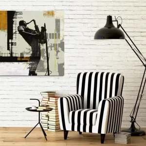 Canvastavla 45x45 cm - Jazzmusiker som spelar saxofon i en urban miljö - Inredning & dekor Billig