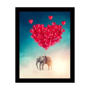 Sista chansen Inramad Canvastavla i trä - 41x56 cm - Elefant som svävar med hjärtformade ballonger - Inredning & dekor