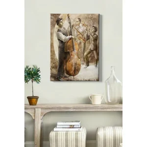 Canvastavla 70x100 cm - Tre musiker som spelar jazz, med en kontrabas i fokus - Inredning & dekor Utförsäljning