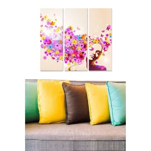 Canvastavla i trä 3-delar 50x70 cm - Färgrik kvinna med blommor och fjärilar som sväva omkring henne - Inredning & dekor Billig