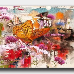 Canvastavla 70x100 cm - Färgglad fjäril som sitter på blommor i en livlig och abstrakt naturmiljö - Inredning & dekor Nedsatt pris