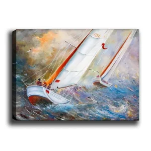 Begränsat antal Canvastavla 70x100 cm - Segelbåtar som navigerar genom kraftiga vågor i en dramatisk havsmiljö - Inredning & dekor