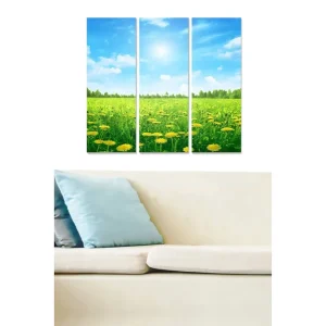 Canvastavla i trä 3-delar 50x70 cm - Solig äng med maskrosor och blå himmel - Inredning & dekor Expressleverans