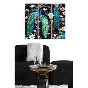 Canvastavla i trä 3-delar 50x70 cm - Färgglada påfåglar bland blommor - Inredning & dekor Snabb leverans