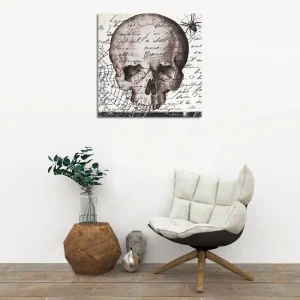 Canvastavla 45x45 cm - Mörk skalle med handskriven text och spindelmotiv - Inredning & dekor Billigare