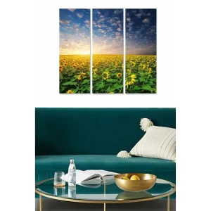 Canvastavla i trä 3-delar 50x70 cm - Solfyllda fält med solrosor under en klar himmel - Inredning & dekor Kundfavorit