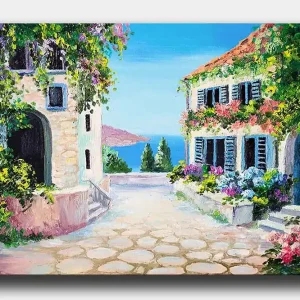 Canvastavla 70x100 cm - Pittoresk gata med blommiga hus och havsutsikt - Inredning & dekor Nedsatt pris
