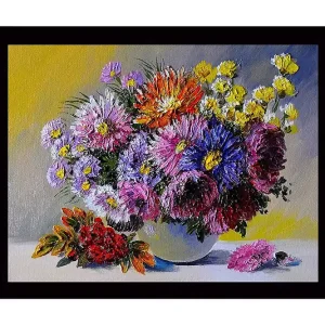 Billigare Inramad Canvastavla i trä - 41x56 cm - Färgrik bukett av blommor i en vas - Inredning & dekor