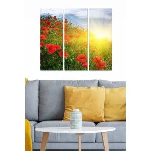 Canvastavla i trä 3-delar 50x70 cm - Blomsterfält med röda vallmo i soluppgång - Inredning & dekor Nyhet