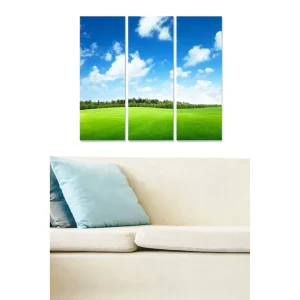 Billigare Canvastavla i trä 3-delar 50x70 cm - Vacker landskapsvy med grön äng och blå himmel - Inredning & dekor