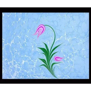 Billig Inramad Canvastavla i trä - 41x56 cm - Stiliserad blomma med rosa knoppar och gröna blad på en ljusblå bakgrund - Inredning & dekor