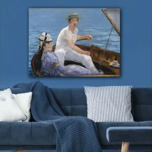 Canvastavla 70x100 cm - Man och en kvinna sitter i en båt på vattnet, omgivna av en lugn och harmonisk atmosfär - Inredning & dekor Reapris