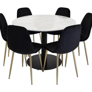 Bästa pris Venture Home Admira Matgrupp 106 cm Rund Marmor med 6 Pontus Köksstol Sammet Grå/Svart - Möbler